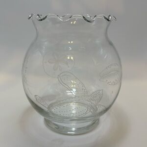 Hand-Etched Scalloped Edge Ivy Bowl/Jar w Sea Life - Turtle, Sand Dollar, Shells